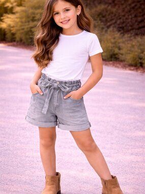 Joe’s Jeans KIDS Paperbag Waist Denim Shorts Tie Belt Blue Gray Rolled Hem KDS02